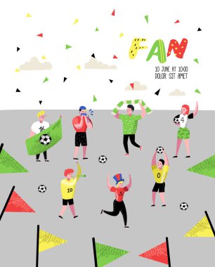 Futbol kutluyor zafer Poster, afiş fanlar. Komik karakterler spor destekçileri. Grup maçında bayrak ve eşarp ile destekleyen insan. Vektör çizim