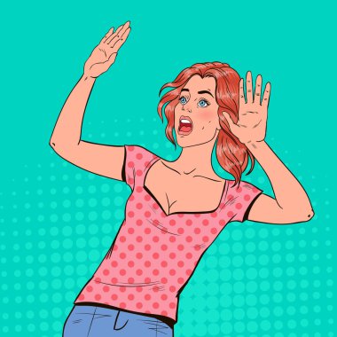 Pop Art korkmuş kadın. Yüz ifadesi korkuttu. Güzel kız yukarı elele şok. Negatif duygu. Vektör çizim