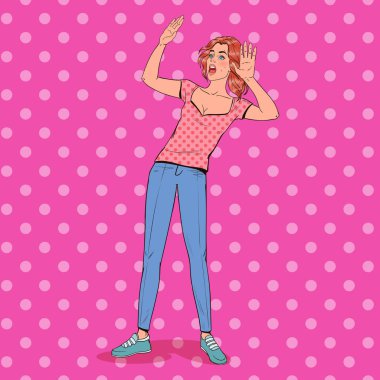 Pop Art korkmuş kadın. Yüz ifadesi korkuttu. Güzel kız yukarı elele şok. Negatif duygu. Vektör çizim