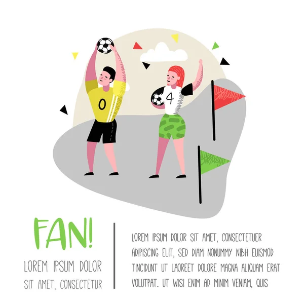 Voetbal Fans vieren overwinning Poster, Banner. Vreemde tekens Sport Supporters. Groep mensen ondersteunen op gelijke met vlag en sjaal. Vectorillustratie — Stockvector