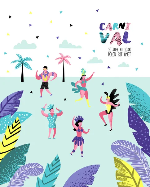 Carnival Poster, Banner, Brochure con personaggi danzanti. Elementi del partito Masqeurade con maschere e simboli festivi. Illustrazione vettoriale — Vettoriale Stock