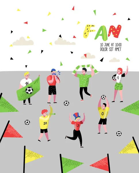 Fãs de futebol comemorando a vitória Poster, Banner. Personagens engraçados Esporte Apoiantes. Grupo de pessoas que apoiam em jogo com bandeira e lenço. Ilustração vetorial — Vetor de Stock