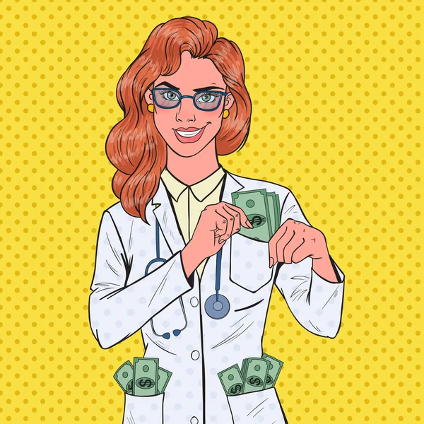 Pop Art žena zkorumpované lékař dát peníze do kapsy. Pojem korupce. Vektorové ilustrace — Stockový vektor