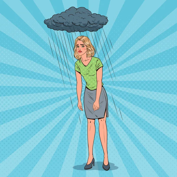 Popart depressieve jonge vrouw onder de regen. Verward teleurgesteld meisje. Gelaatsuitdrukking. Negatieve emotie. Vectorillustratie — Stockvector