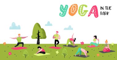 Çizgi film insanlar yoga Poster, afiş. Germe, eğitim kadın ve erkek. Fitness Egzersiz, sağlıklı bir yaşam tarzı. Vektör çizim