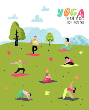 Çizgi film insanlar yoga Poster, afiş. Germe, eğitim kadın ve erkek. Fitness Egzersiz, sağlıklı bir yaşam tarzı. Vektör çizim