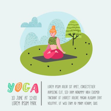 Çizgi film insanlar yoga Poster, afiş. Germe, eğitim kadın. Fitness Egzersiz, sağlıklı bir yaşam tarzı. Vektör çizim