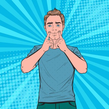 Pop Art adam sahte yapma parmakları ile gülümse. Pozitif yüz ifadesi. Vektör çizim