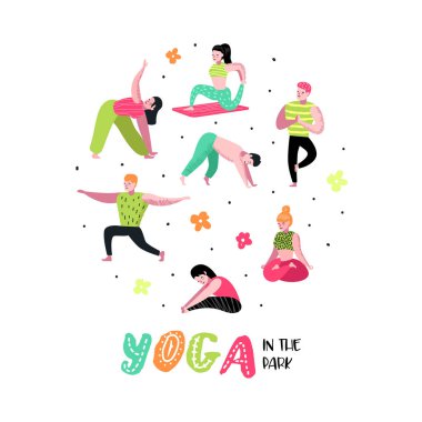 Çizgi film insanlar yoga uygulamak. Germe, eğitim kadın ve erkek. Fitness Egzersiz, sağlıklı bir yaşam tarzı. Vektör çizim