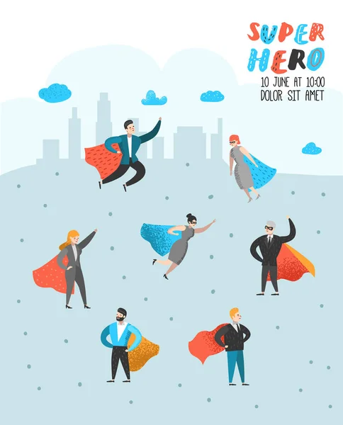 Personagens de super-heróis de negócios Cartaz, Banner. Liderança de Negócios, Sucesso, Conceito de Motivação. Homem e mulher vestindo um manto vermelho. Ilustração vetorial — Vetor de Stock