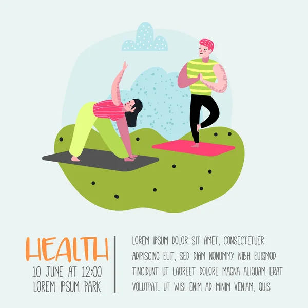 Cartoon mensen die het beoefenen van Yoga Poster, Banner. Man en vrouw, Stretching, Training. Fitnesstraining, gezonde levensstijl. Vectorillustratie — Stockvector