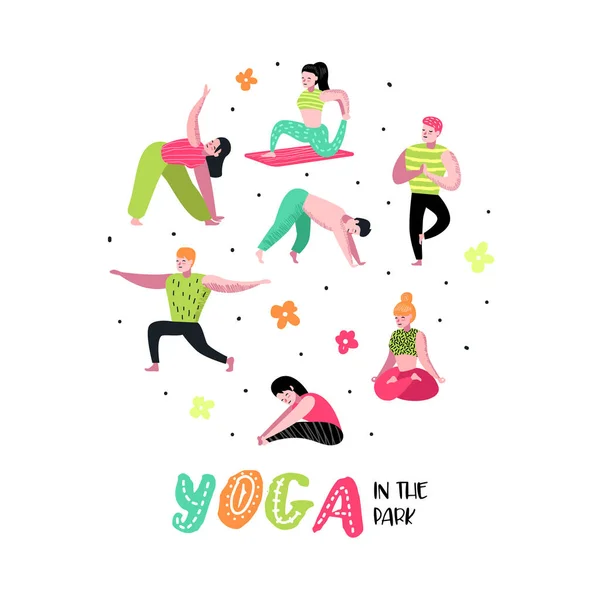 Gente de dibujos animados practicando yoga. Hombre y mujer estirándose, entrenando. Entrenamiento de fitness, estilo de vida saludable. Ilustración vectorial — Vector de stock
