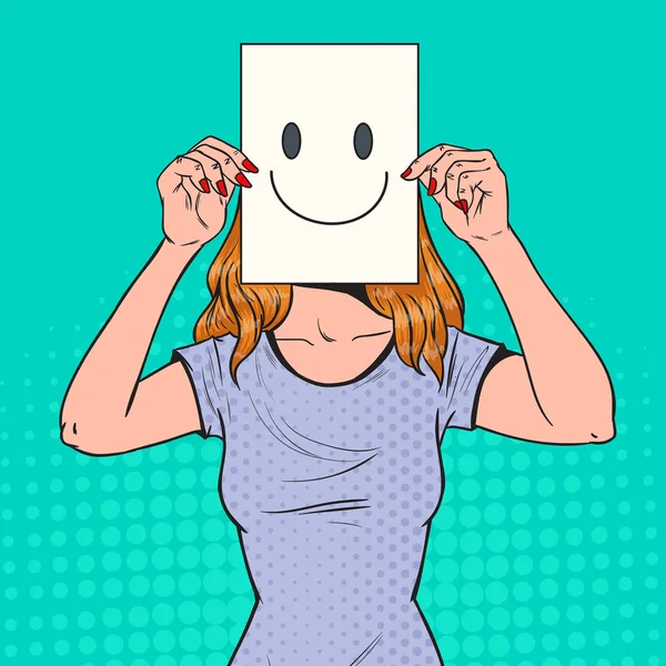 Mulher Pop Art com Emoticon Sorridente na Folha de Papel. Menina feliz segurando um rosto sorridente Emoticon. Ilustração vetorial —  Vetores de Stock