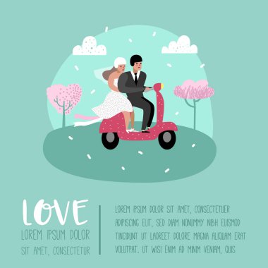 İnsanlar düğün gelin çizgi film ve damat Poster kartı romantik töreni öğelerle mutlu çift karakter. Vektör çizim