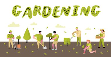 Bahçe çizgi film Poster. Bitkiler ve ağaçlar komik basit karakterler. Adam ve kadın bahçıvan. Vektör çizim