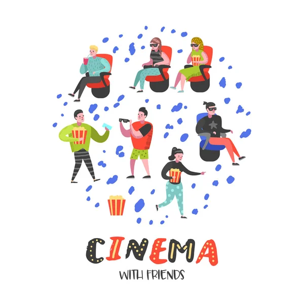 Cartoon People with Popcorn and Soda Watching Movie in the Cinema (dalam bahasa Inggris). Karakter Pria dan Wanita memakai kacamata 3d. Ilustrasi vektor - Stok Vektor