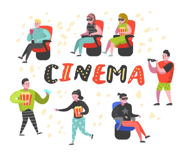 Oameni de desene animate cu popcorn și sifon vizionarea filmului în cinematograf. Bărbat și femeie personaje în ochelari 3D Ilustrație vectorială — Vector de stoc