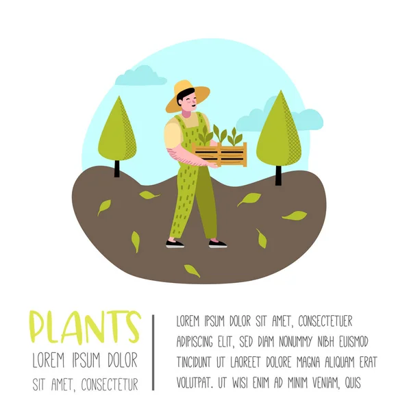 Manifesto dei cartoni animati del giardinaggio. Personaggi semplici divertenti con piante e alberi. Un giardiniere. Illustrazione vettoriale — Vettoriale Stock