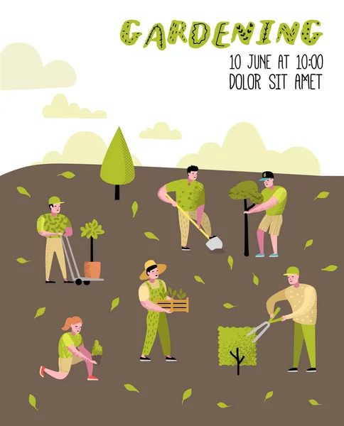 Cartaz dos desenhos animados de jardinagem. Personagens simples engraçados com plantas e árvores. Homem e Mulher Jardineiro. Ilustração vetorial — Vetor de Stock