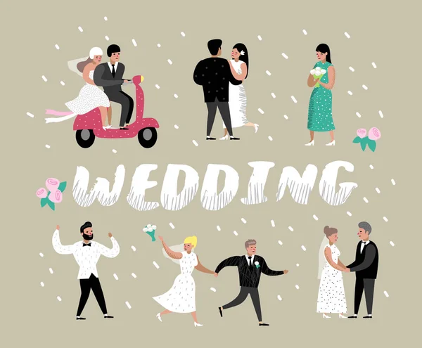 婚礼的人卡通新娘和新郎字符。浪漫的仪式元素与幸福的情侣。矢量插图 — 图库矢量图片