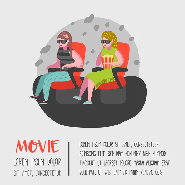 Cartoon People with Popcorn Watching Movie in the Cinema Seats Poster. Woman Characters in 3d Glasses. Vector illustration — Stock Vector