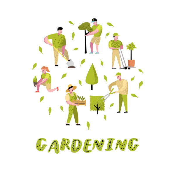 Conjunto de desenhos animados de jardinagem. Personagens simples engraçados com plantas e árvores. Homem e Mulher Jardineiro. Ilustração vetorial — Vetor de Stock