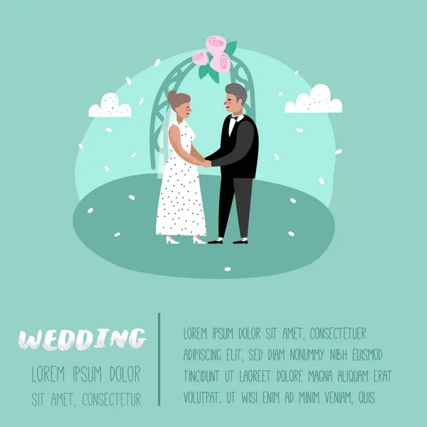 Matrimonio Persone Cartoni animati Sposa e Sposo Personaggi Poster Card. Elementi di cerimonia romantica con coppia felice. Illustrazione vettoriale — Vettoriale Stock