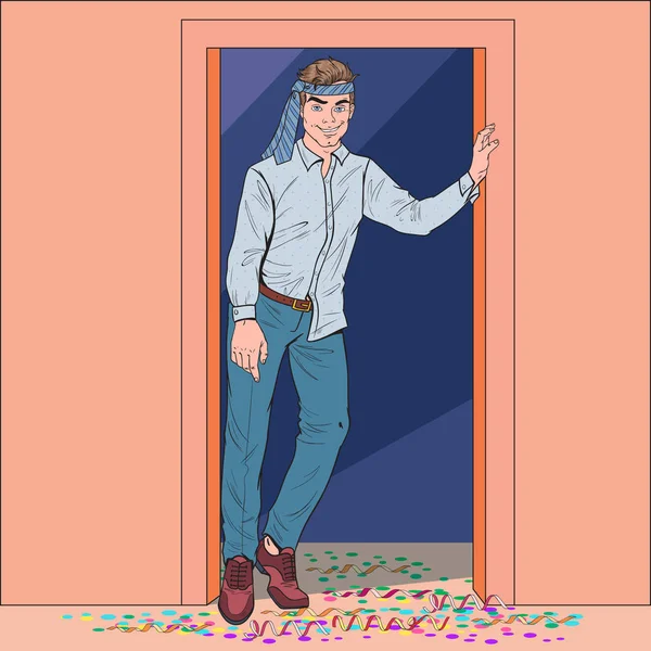 Pop Art bel homme après la fête. Guy ivre fatigué après l'anniversaire, Noël, célébration du Nouvel An. Illustration vectorielle — Image vectorielle