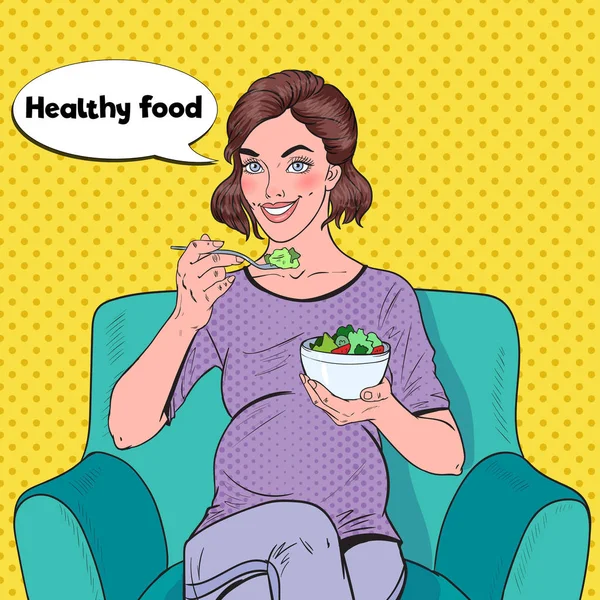 Pop Art Happy Pregnant Woman Eating Salad at Home. Healthy Food, Motherhood Concept. Vector illustration — Stock Vector