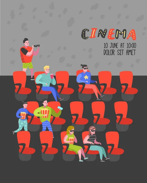 Άνθρωποι κινουμένων σχεδίων με ποπ κορν και σόδα βλέποντας ταινία στην αφίσα καθίσματα σινεμά. Άνδρας και γυναίκα χαρακτήρες σε 3d γυαλιά. Εικονογράφηση διάνυσμα — Διανυσματικό Αρχείο