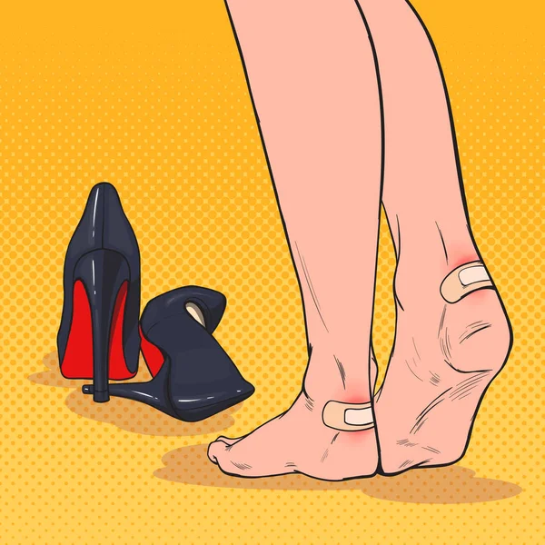 流行艺术的女人脚后, 脚踝上的补丁穿着高跟鞋。在腿部皮肤上贴上石膏绷带。矢量插图 — 图库矢量图片