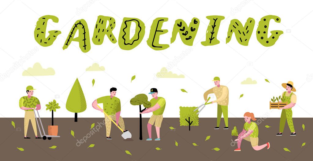 Gardening Cartoons Poster. Funny Simple Characters with Plants and Trees. Man and Woman Gardener. Vector illustration