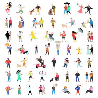 Düz insanların karakterleri koleksiyonu. Adam ve kadın karikatürleri çeşitli eylemler, pozlar ve faaliyetleri. Çiftler, Aile ve müzisyenler. Vektör çizim