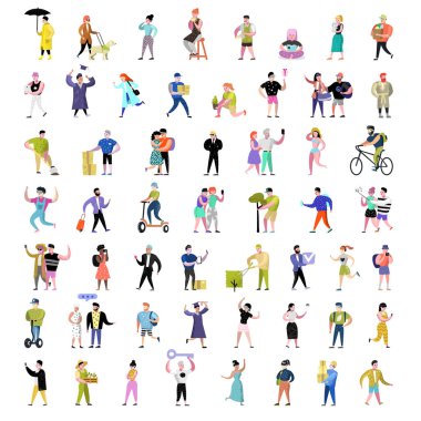 Düz insanların karakterleri koleksiyonu. Adam ve kadın karikatürleri çeşitli eylemler, pozlar ve faaliyetleri. Öğrenciler, bahçıvan, teknoloji. Vektör çizim
