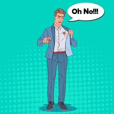 Pop sanat gergin işadamı gömlek üzerine kahve döktüm. Onun elbiselerini lekesi olan adam. Vektör çizim