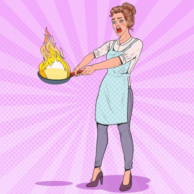 Sanat ev kadını mutfakta Pan tutan pop Pan'ın yanan pişirme önlük korkan genç kadın Vektör çizim
