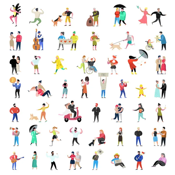 Colección de personajes de personas planas. Dibujos animados de hombre y mujer en diversas acciones, posturas y actividades. Parejas, familia y músicos. Ilustración vectorial — Vector de stock