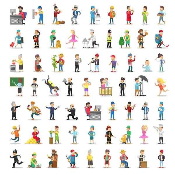 People Characters Collection. Cartoon Set Different Professions in Various Poses. Dancer, Businessman, Doctor, Fireman Man and Woman. Vector illustration