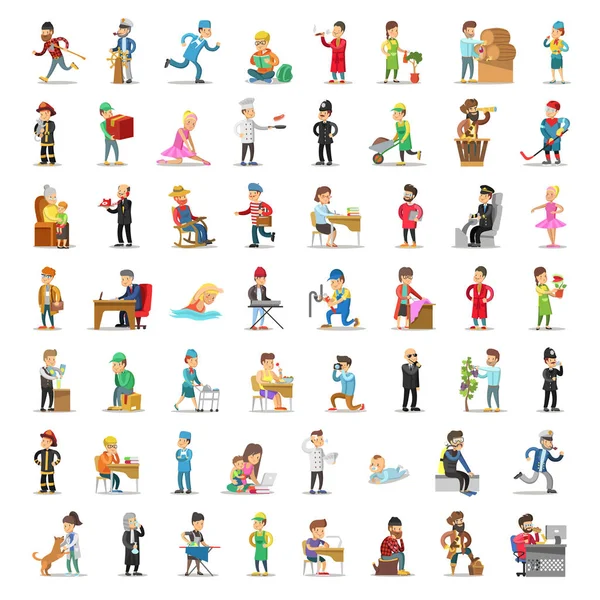 People Characters Collection. Cartoon Set Different Professions in Various Poses. Policeman, Businessman, Doctor, Fireman Man and Woman. Vector illustration