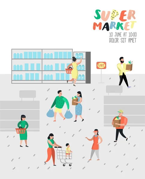 Persone Personaggi Shopping in Supermercato con Borse e Carrelli Poster. Flat Cartoon Cliente acquisto di prodotti, cassiere, venditore, acquirente. Illustrazione vettoriale — Vettoriale Stock