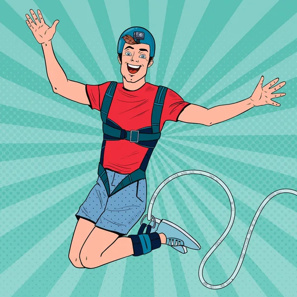 Pop-Art begeisterte Mann beim Bungee-Jumping. Extremsport. Glücklicher Kerl beim Seilspringen. Vektorillustration — Stockvektor