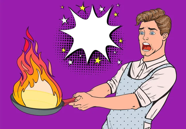 Pop Art Man in de keuken houden Pan. Bang jonge kerel in schort koken met branden Pan. Vectorillustratie — Stockvector