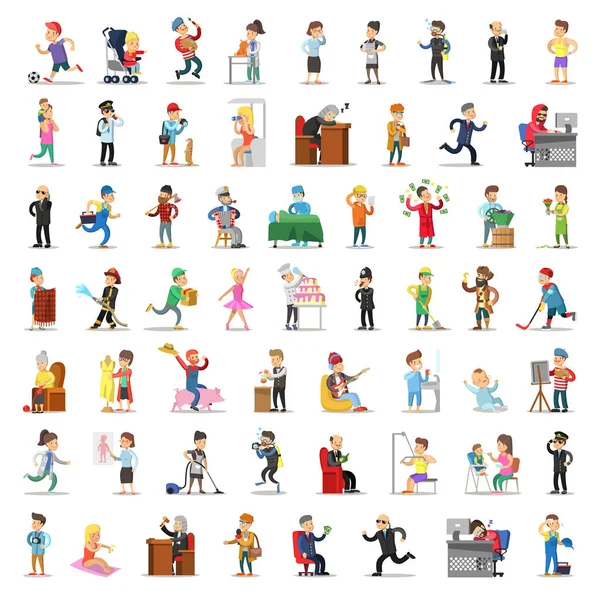 People Characters Collection. Cartoon Set Different Professions in Various Poses. Businessman, Doctor, Fireman, Farmer Man and Woman. Vector illustration