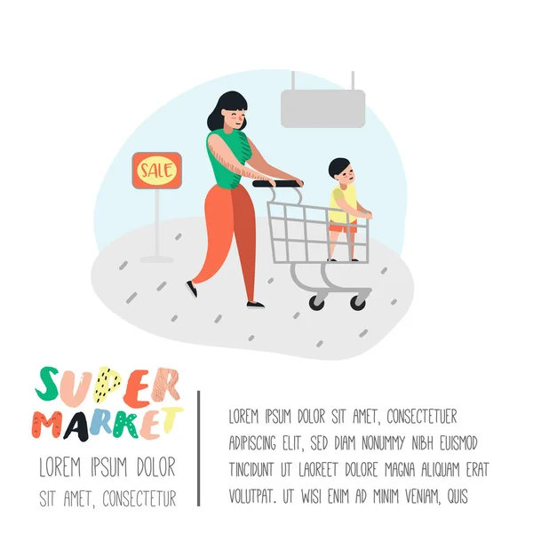 Люди персонажи мать и сын покупки в супермаркете с корзинкой плакат. Покупатели плоских мультфильмов покупают продукцию. Векторная иллюстрация — стоковый вектор