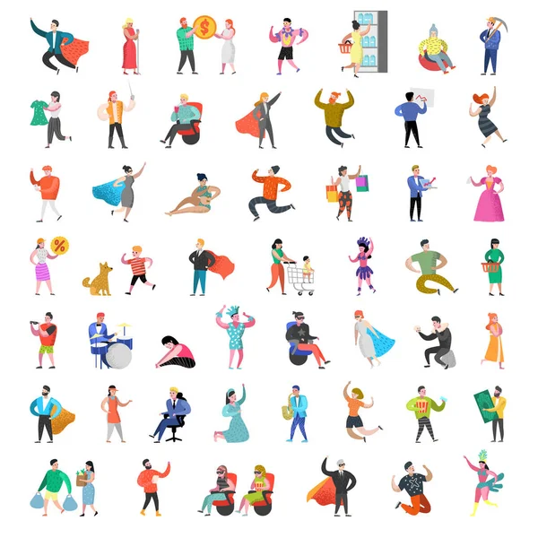 Colección de personajes de personas planas. Dibujos animados de hombre y mujer en diversas acciones, posturas y actividades. Gente de negocios, súper héroe. Ilustración vectorial — Vector de stock