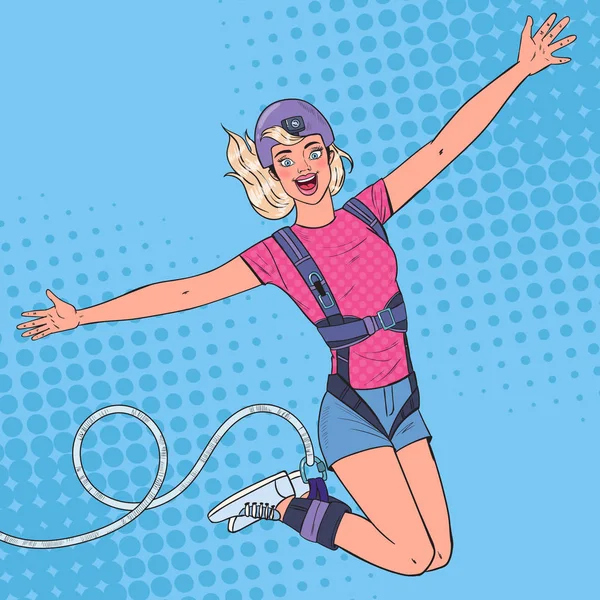 Pop-Art erregte schöne Frau beim Bungee-Jumping. Extremsport. glückliches Mädchen Seilspringen. Vektorillustration — Stockvektor