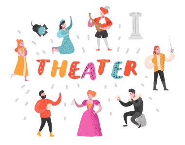 Tiyatro oyuncu karakterleri ayarlayın. Düz insanlar tiyatro Perfomances. Sanatsal erkek ve kadın sahnede. Vektör çizim