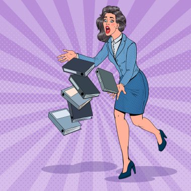 Pop Art dikkatsiz iş kadını klasör belgeler bırakarak. Ofis Sekreter kağıt ile dosyaları. Vektör çizim