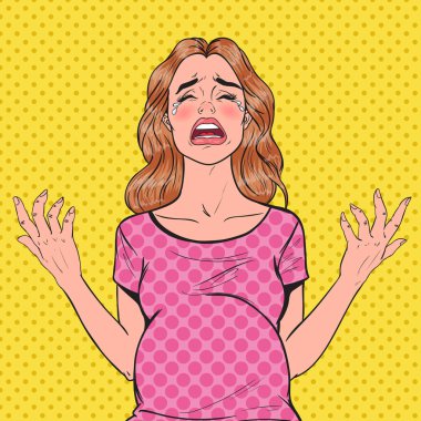 Pop Art ağlayan hamile kadın. Hamilelik hormonları depresif genç anne. Vektör çizim