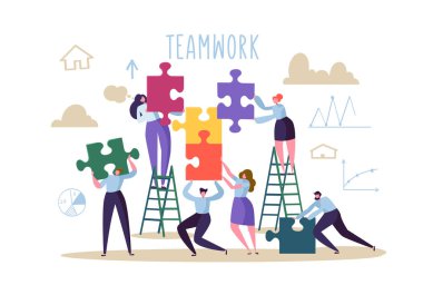 Business Teamwork Concept. Flat People Characters with Pieces of Puzzle. Partnership, Solution Cooperation. Vector illustration clipart